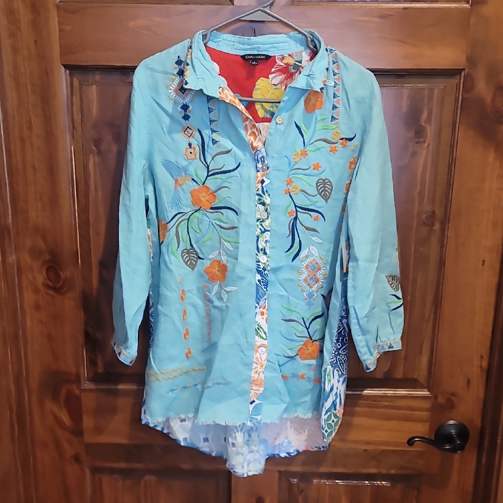 John Mark Blue Floral Embroidered Jacket